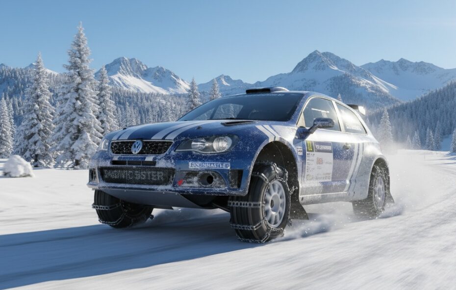 タイヤチェーンを装着して雪道を走る車