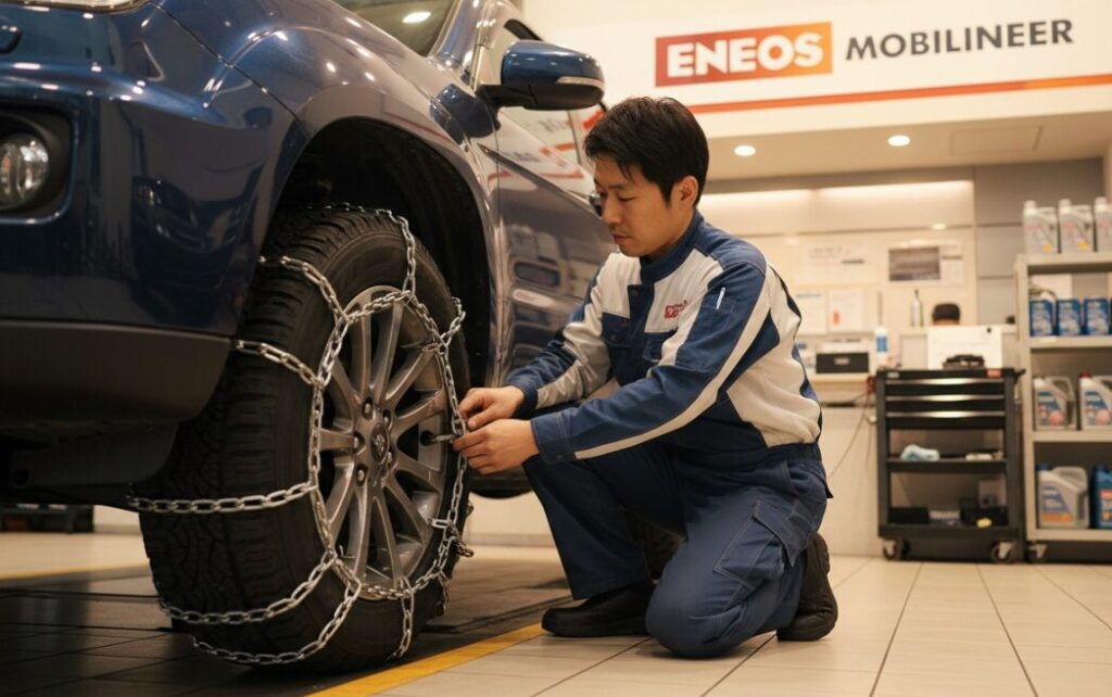 タイヤチェーンの取り付け作業の様子
