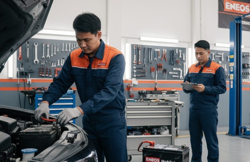 エネオスモビリニアのスタッフが車のバッテリー寿命を考慮した適切な交換作業